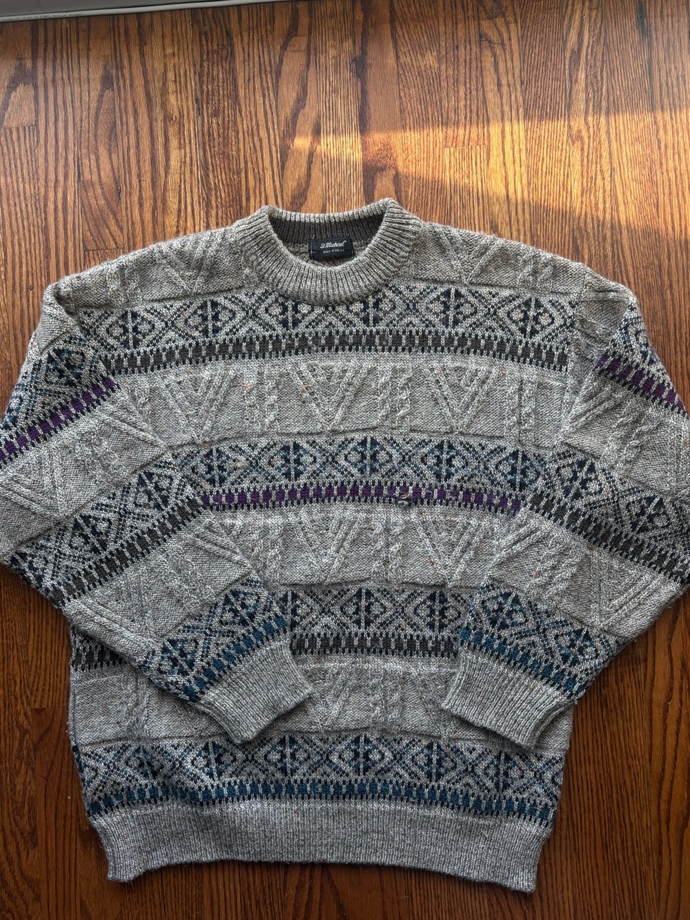 Men's Crewneck Knit Sweater in Heather Gray with Navy & Purple Accents